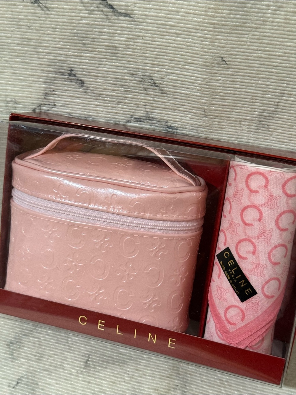 Celine Light Pink Embossed Vanity Cosmetic Case & Cotton Scarf Set - Picture 2 of 11